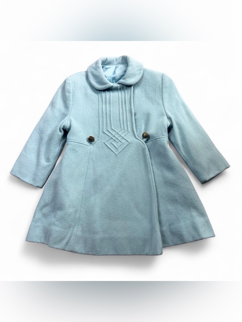 Girls' Light Blue Wool-Blend Pea Coat with Decorative Front Detail